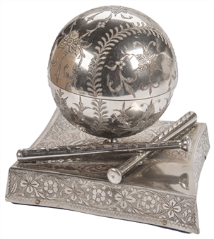 Circa Early 1900s Ornate Silver Baseball Figural "Take Me Out to the Ballgame" Music Box